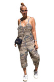Camouflage Fashion street Print Patchwork Camouflage Sleeveless Slip Jumpsuits