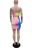 colour Sexy Europe and America Sweet Spaghetti Strap Sleeveless V Neck Slim Dress skirt Print Patchwork Ombre backless Tie and dye Dresses