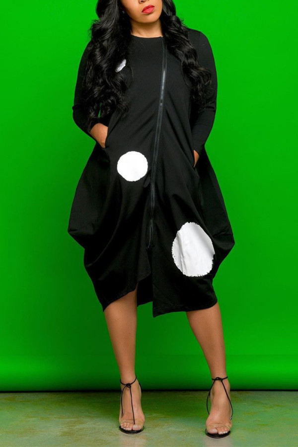 Black Fashion Casual Print Basic O Neck Long Sleeve Dress Dresses