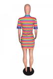 Stripe Polyester Casual Fashion Cap Sleeve Short Sleeves O neck Straight Mini Striped Fairy Patchwork Rainb