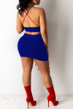 Blue Solid Draw String Spaghetti Strap Sleeveless Two Pieces