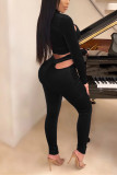 Black Fashion Sexy Solid Hollowed Out Turtleneck Long Sleeve Two Pieces