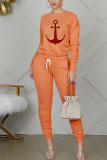 Orange venetian Fashion Casual adult Ma'am Patchwork Print Two Piece Suits pencil Long Sleeve Two Pieces