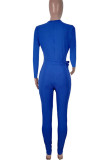 Blue Casual Solid With Belt V Neck Regular Jumpsuits