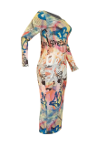 Orange Street Print Patchwork O Neck Pencil Skirt Dresses