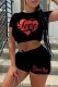 Black Fashion Casual Print Basic O Neck Short Sleeve Two Pieces