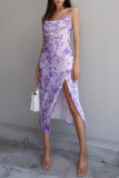 Purple Print Backless High Opening Spaghetti Strap Straight Dresses