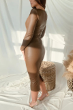 Brownness Sexy Solid Patchwork V Neck Dresses