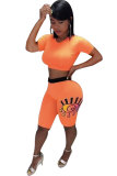 Orange Polyester Fashion Sexy backless Patchwork Print Straight Short Sleeve Two-Piece Short Set