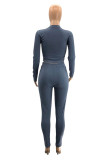 Grey Work Daily Solid Ripped O Neck Long Sleeve Two Pieces
