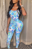 Blue Sexy Print Split Joint Spaghetti Strap Skinny Jumpsuits