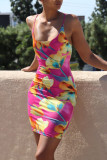 Rose Red Fashion Sexy Print Backless O Neck Sling Dress