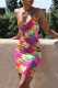 Rose Red Fashion Sexy Print Backless O Neck Sling Dress
