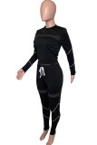 Black OL Two Piece Suits Patchwork Mesh Solid pencil Long Sleeve