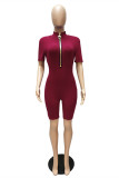 Blue Fashion Casual Solid Basic Zipper Collar Skinny Romper