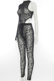 Black Sexy Leopard Patchwork One Shoulder Long Sleeve Two Pieces