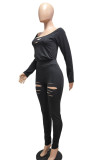 Black Milk Silk Casual Solid Hole pencil Long Sleeve Two Pieces