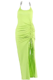 Light Green Sexy Patchwork Draw String Slit Halter Pencil Skirt Dresses