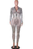 Silver Solid Ripped Hollowed Out See-through O Neck Regular Jumpsuits