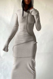 Grey Fashion Casual Solid Basic Hooded Collar Long Sleeve Dresses