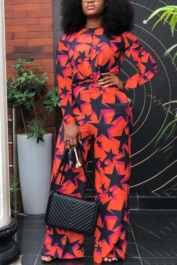 Orange Red Fashion Casual Print Basic O Neck Regular Jumpsuits