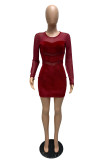 Wine Red Celebrities Solid Split Joint O Neck Wrapped Skirt Dresses