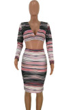 Multi-color venetian Sweet Two Piece Suits Striped Print pencil Long Sleeve Two-Piece Dress