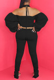 Grey Street Solid Backless Fold O Neck Long Sleeve Two Pieces