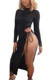 Black Fashion Sexy Adult Milk Fiber Solid Hollowed Out Frenulum Half A Turtleneck Long Sleeve Mid Calf Asymmetrical Dresses