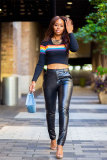 Black Cotton O Neck Long Sleeve Patchwork crop top Long Sleeve Tops