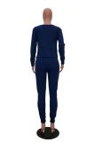 Royal blue Polyester Casual Fashion Slim fit Solid Two Piece Suits Patchwork pencil Long Sleeve