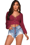 White V Neck Long Sleeve Patchwork crop top Solid