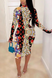 multicolor Fashion Casual Twilled Satin Patchwork Print Floral Color Block Patchwork Basic O Neck Long Sleeve Knee Length Pencil Skirt Dresses