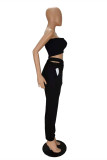 Black Casual Sportswear Solid Backless Strapless Sleeveless Two Pieces