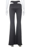 Black Casual Solid Hollowed Out Regular High Waist Wide Leg Solid Color Bottoms