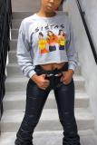 Grey O Neck Long Sleeve Character Letter crop top Print Tees & T-shirts