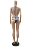 Blue Fashion Sexy Print Hollowed Out Basic Swimwears