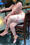 Pink Fashion Casual Print Basic O Neck Regular Jumpsuits