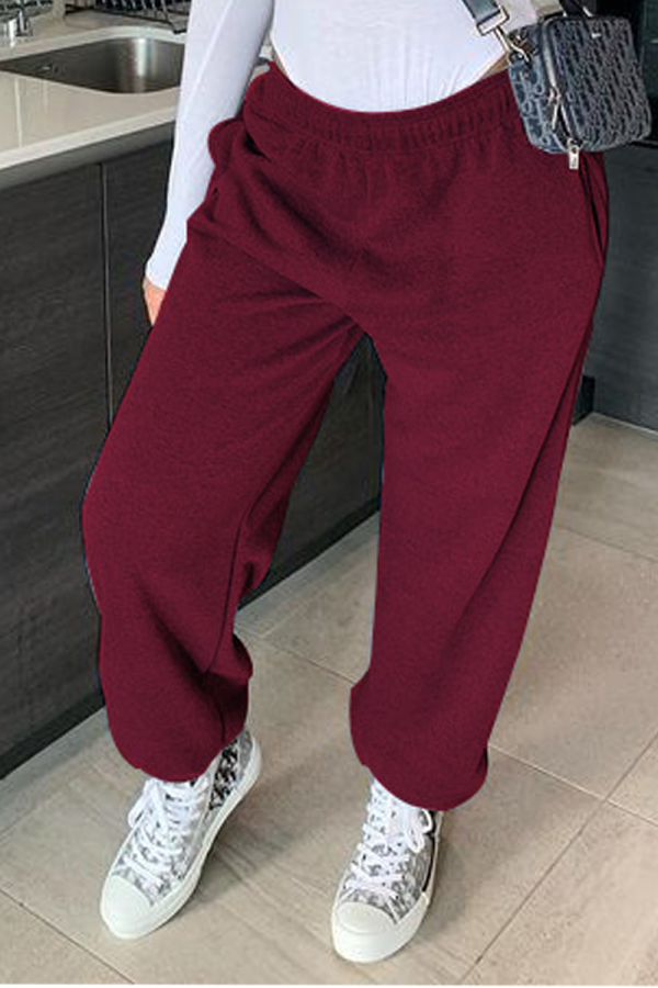 Red Solid Draw String Loose Mid Waist Harlan Bottoms