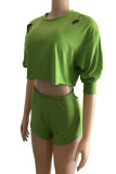 Grass Green Polyester Fashion Casual adult Ma'am Solid Hole Two Piece Suits pencil Long Sleeve Two Pieces