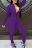 purple Fashion Casual Solid zipper Milk. Long Sleeve O Neck Jumpsuits