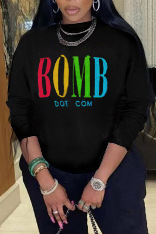 Black Casual Letter Print Patchwork O Neck Tops