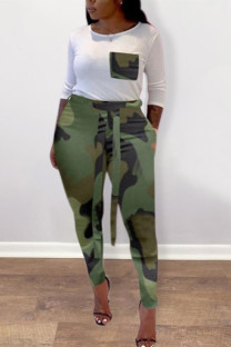 Army Green Fashion Casual Camouflage Print Basic O Neck Plus Size Set