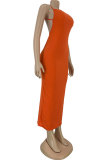 Orange Fashion Sexy adult Orange Off The Shoulder Sleeveless Slip Pencil Dress Ankle-Length Patchwork Solid backless hollow out asymmetrical Dresses