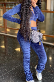 Blue Casual Solid Patchwork Zipper Collar Long Sleeve Two Pieces
