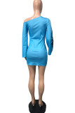 Sky Blue Fashion Street Adult Print Letter Oblique Collar Long Sleeve Mini Printed Dress Dresses