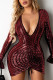 Wine Red Sexy Solid Sequins Split Joint Fold V Neck Pencil Skirt Dresses