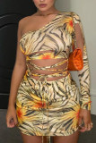 Yellow Street Print Hollowed Out Patchwork Oblique Collar Long Sleeve Mini Pencil Skirt Dresses