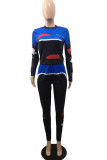 Blue Polyester Fashion Active adult Ma'am Print Two Piece Suits pencil Long Sleeve Two Pieces