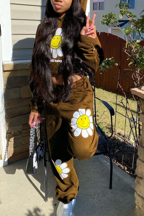 Coffee Casual Print Hooded Collar Long Sleeve Two Pieces
